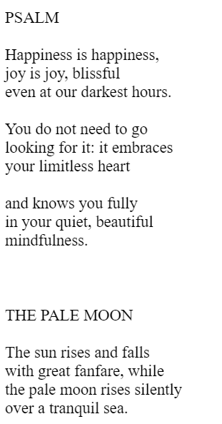 PSALM

Happiness is happiness,
joy is joy, blissful
even at our darkest hours.

You do not need to go
looking for it: it embraces
your limitless heart

and knows you fully
in your quiet, beautiful
mindfulness.



THE PALE MOON

The sun rises and falls
with great fanfare, while
the pale moon rises silently
over a tranquil sea.
